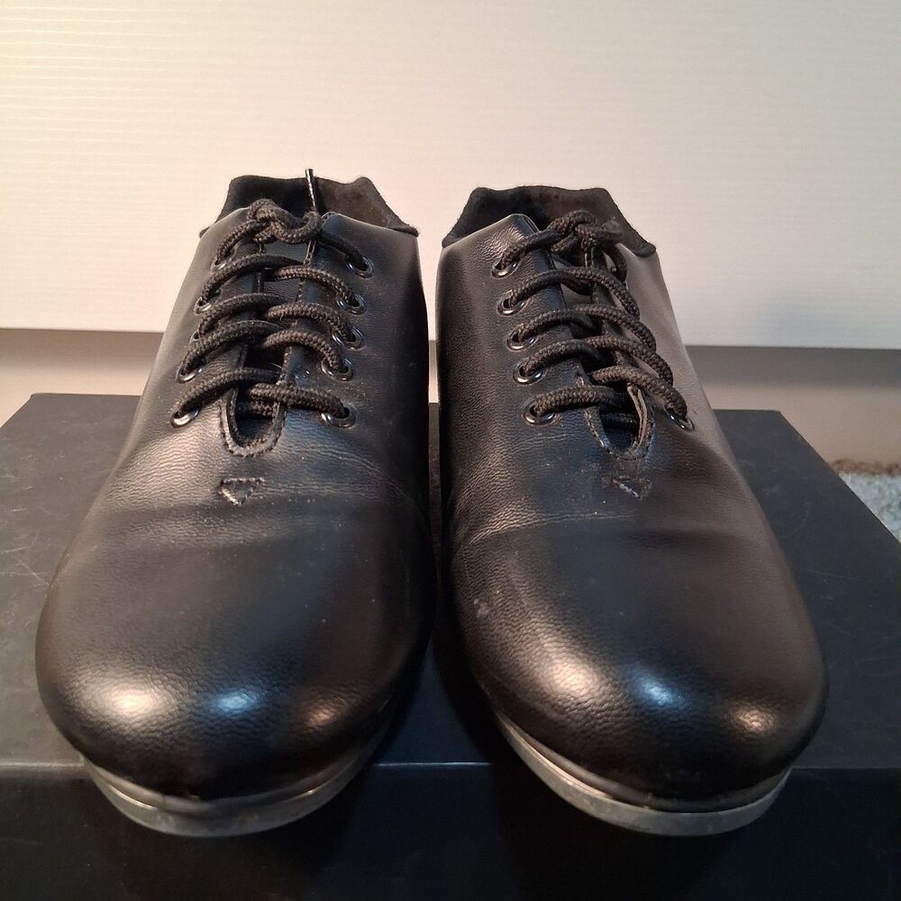 Star Tone Theatrical Tap Shoes Lace Up Black Kid's Unisex Heel Toe, Size 5M